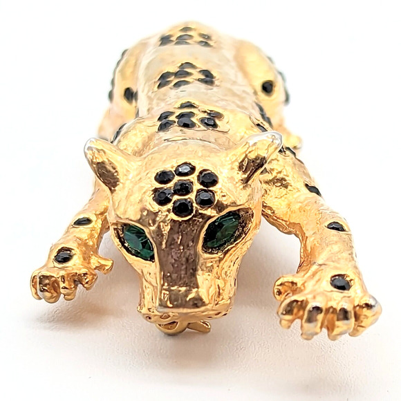 70s Spotted Leopard Brooch w Black Rhinestone Flowers Green Eyes Dangling Tail - Picture 7 of 13